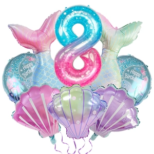 Mermaid party set with gradient number 8 balloon, iridescent tails, and shell foil shapes