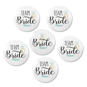 Set of 6 Team Bride tinplate badges with diamond ring and floral pattern for wedding parties