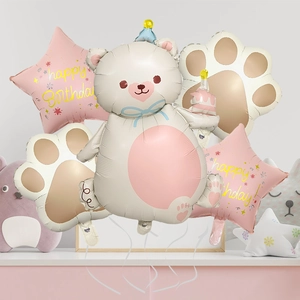 Detail of matte bear and star foil balloons set for children birthday party decor
