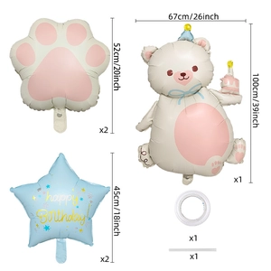 Detailed set layout with bear, cat paw, and star balloons for birthday party decor