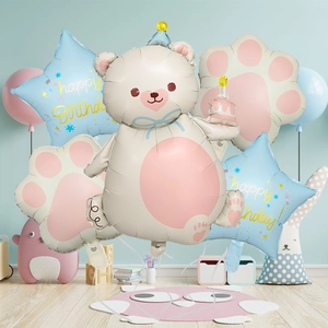 Detail of bear and star foil balloons set for kids birthday party room decoration