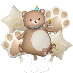 Matte bear cake foil balloon set for kids birthday party decoration with star accents
