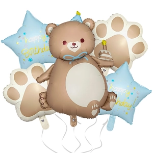 Matte cake bear foil balloon set with blue stars and footprints for birthday decor