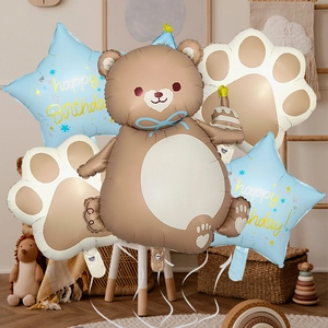 Brown bear foil balloon set with blue stars and paw prints for birthday party decor