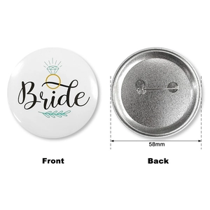 58mm Bride tinplate badge for weddings featuring floral design and safety pin back