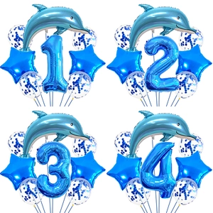 Juego de Globos de Fiesta de Cumpleaños Tema Océano Delfín Azul Papel de Aluminio Gran Número Estrella Confeti Globos de Látex Decoración Para Niños Fiesta Marina