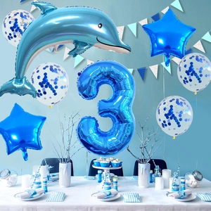 Set de fiesta 3er cumpleaños tema océano con globos de delfín y estrellas