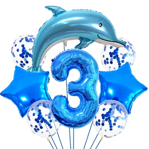 Set de globos de delfín azul tema océano con número 3 para fiesta de cumpleaños