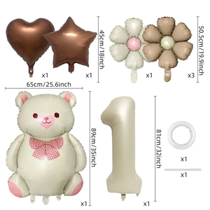 Matte bear and daisy balloon set for 1st birthday party decor in warm cream brown tones