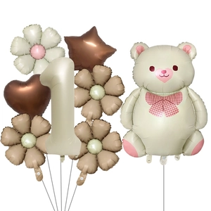 Matte bear aluminum foil balloon set with daisy flowers for first birthday party decoration