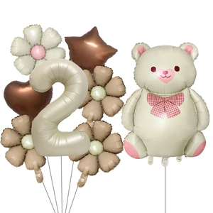 Teddy bear and daisy flower balloon set for birthday party in matte cream and tan tones