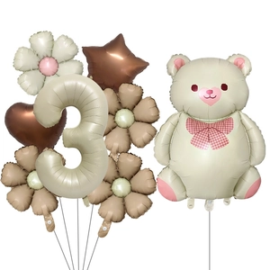 3rd birthday party decor set with matte bear balloon and daisy aluminum foil balloons