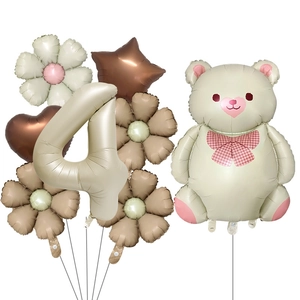 Detailed set of matte bear and daisy foil balloons with a large cream number 4 for birthday