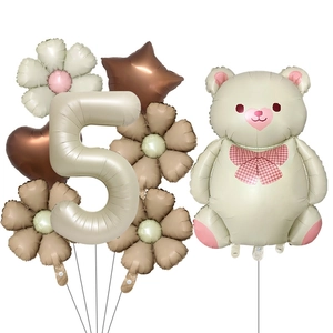 5th birthday balloon set with teddy bear, daisies, stars and heart in cream tones