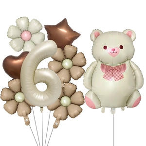 Teddy bear and daisy foil balloon set in cream and mocha for 6th birthday decor
