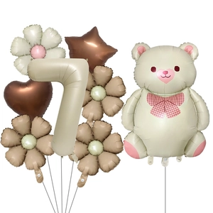 Detailed set of matte bear and daisy foil balloons in warm khaki and brown tones