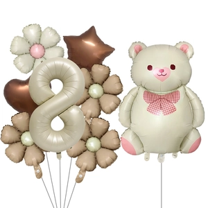 Balloon set featuring cream number 8, matte bear with bow, and daisy flower decorations