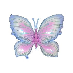 Close-up of a gradient iridescent butterfly foil balloon for birthday party decorations