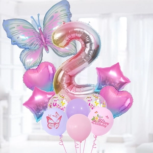 Pink and purple gradient butterfly balloon set with number 2 for 2nd birthday party decor