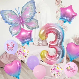 Pink and blue gradient butterfly balloon set for 3rd birthday party decoration