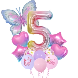 Pastel gradient butterfly balloon set with large number 5 for girl's 5th birthday party decor