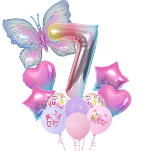 Butterfly 7th birthday balloon set with gradient number 7 and macaron foils