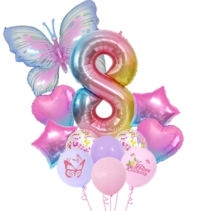 Detail of gradient number 8 balloon set with butterfly and glitter confetti balloons