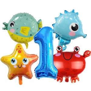 Lot de 5 ballons en aluminium animaux marins avec créatures et chiffre 1 bleu pour fête