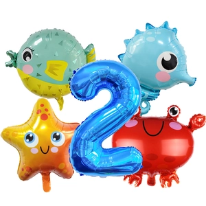 Set de ballons 2e anniversaire thème océan avec chiffre 2 bleu et animaux marins