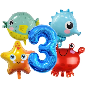 Set de ballons animaux marins avec chiffre trois bleu pour décoration de fête