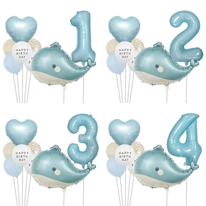 Ocean Dolphin Theme Birthday Balloon Set Blue Aluminum Foil Latex Number Heart Balloons For Kids Birthday Party Decoration