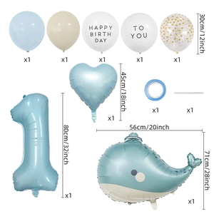 Matte ocean theme baby 1st birthday balloon set with blue whale and number 1 foil balloons