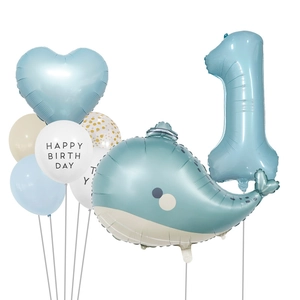 Blue ocean whale balloon set for baby 1st birthday party with number 1 foil balloon