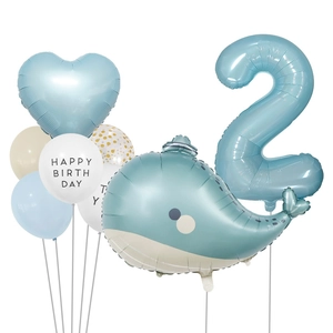 Ocean theme 2nd birthday balloon set with whale foil and blue heart decorations