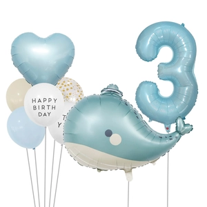 3rd birthday ocean theme balloon set with light blue whale and number 3 foil balloons