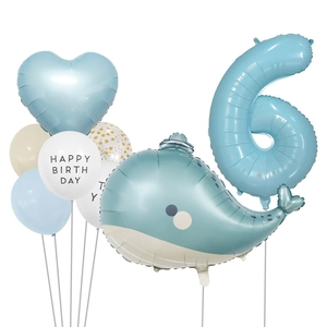 Detailed blue ocean theme balloon kit with whale and number 6 for kid birthday party