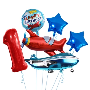 Airplane themed number 1 balloon set with vintage red biplane and blue commercial jet
