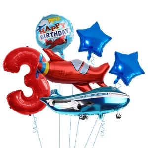 Airplane theme 3rd birthday balloon set with red number 3 and blue aircraft foil balloons