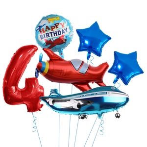 Detail of aviation theme birthday balloon set with planes and red number four balloon