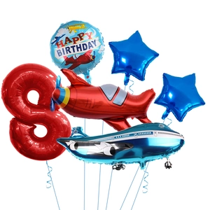 Aviation themed 8th birthday balloon set with red plane and blue jet decorations
