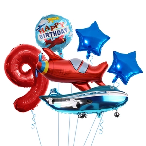 Airplane themed birthday party balloon set with red number nine and aircraft foil balloons