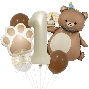 Brown bear and cream number 1 balloon set for first birthday party decoration