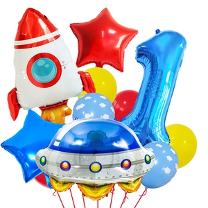 Astronaut ruimte thema feestversiering met raket en nummer één ballonnen set decoratie