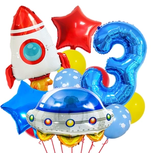 Ruimte thema verjaardag ballonnen set met raket, UFO en nummer 3 folieballonnen decor