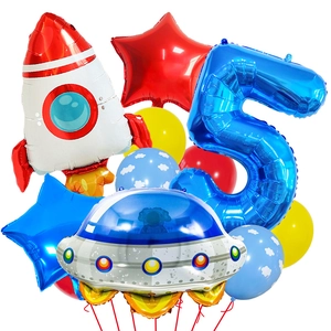 Ruimte thema set met raket UFO ballonnen en blauwe folieballon cijfer 5 voor verjaardag