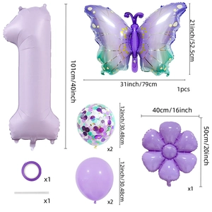 Purple butterfly balloon set for 1st birthday party including number 1 and floral foil balloons