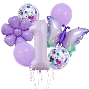 7pcs Purple Butterfly Birthday Balloon Set with Number 1 Foil and Confetti Balloons