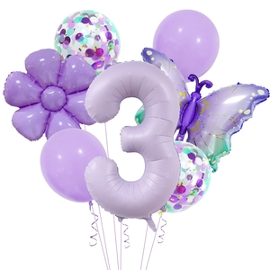 Purple butterfly party balloon set with number 3 foil and sequin latex balloons