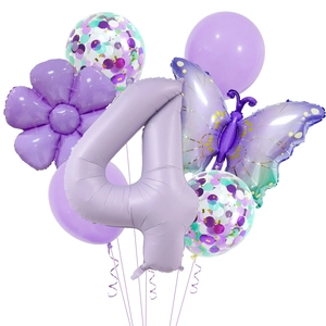Detailed set of purple birthday balloons featuring a large number 4 and butterfly foil