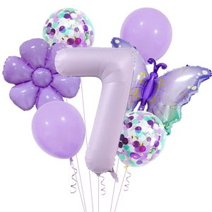 Detail of purple butterfly balloon set with number 7 foil and confetti balloons